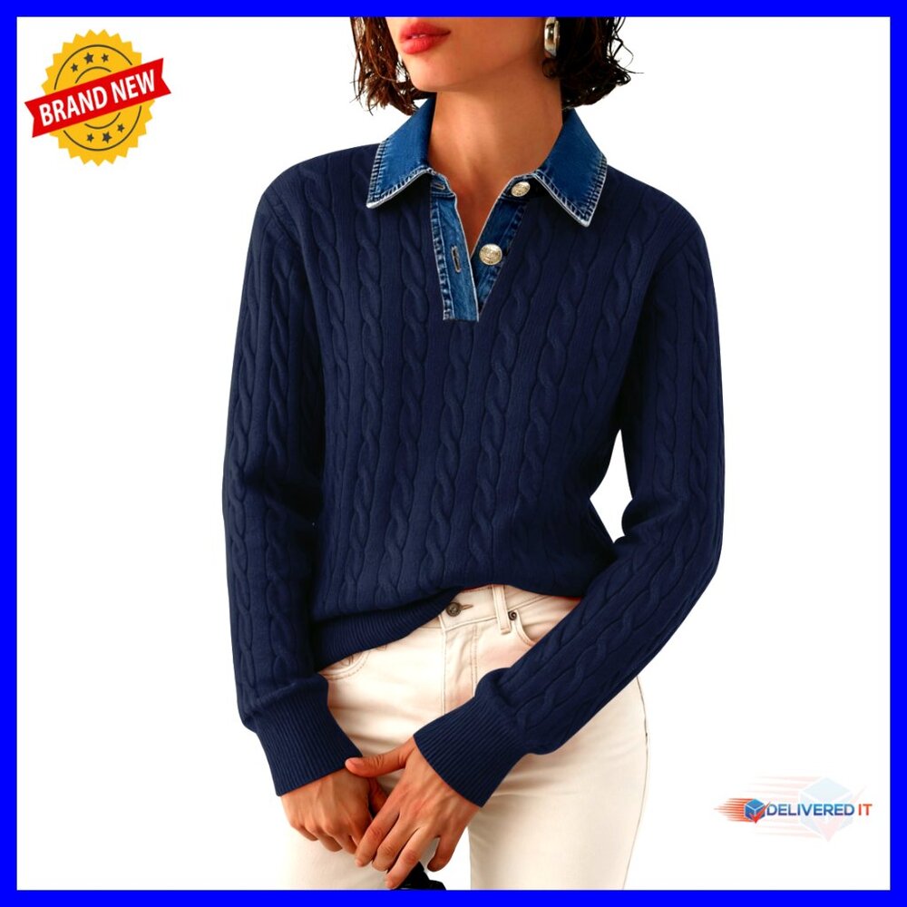 Denim Lapel V Neck Cable Knit Pullover Sweater Loose Casual Chic